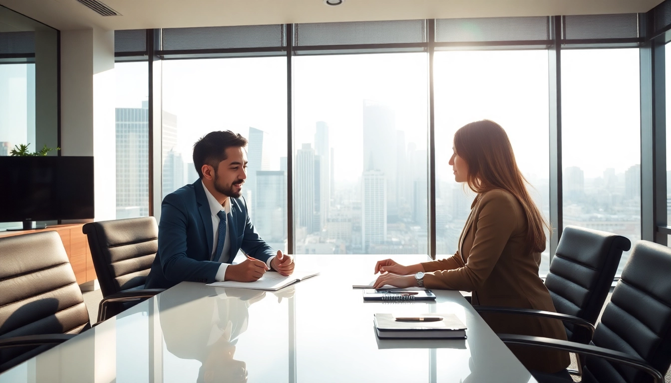 Beratungssituation mit einem Headhunter Schweiz in einem modernen Büro, vertrauensvolle Atmosphäre.