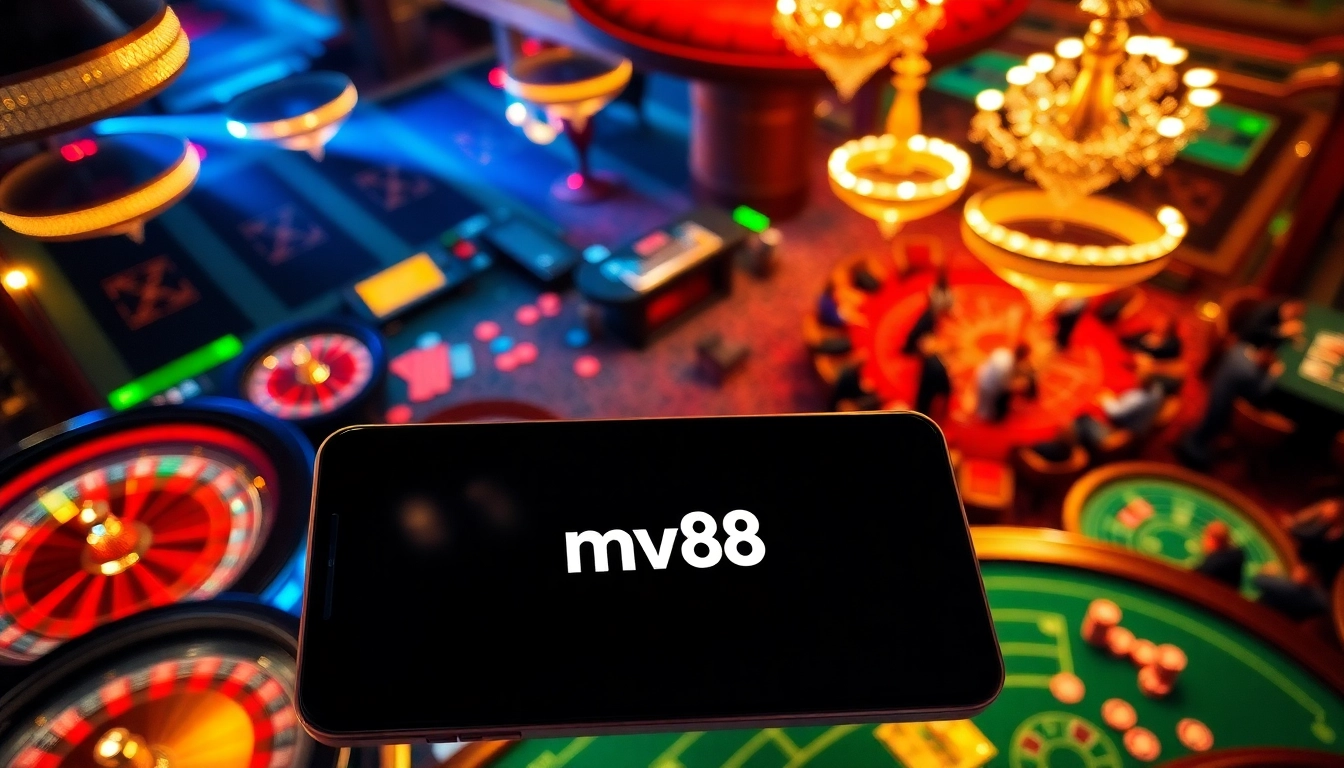 Exciting casino action with mv88 branding on a smartphone amidst roulette wheels and poker chips.