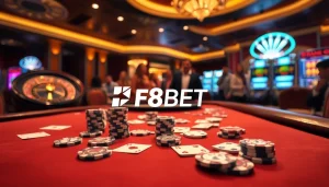 Gamblers enjoy excitement at F8BET casino tables showcasing poker and roulette.