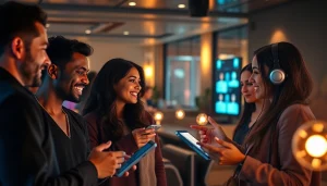 Adults engaging with 18+ AI companions in a modern lounge, showcasing innovation and social interaction.