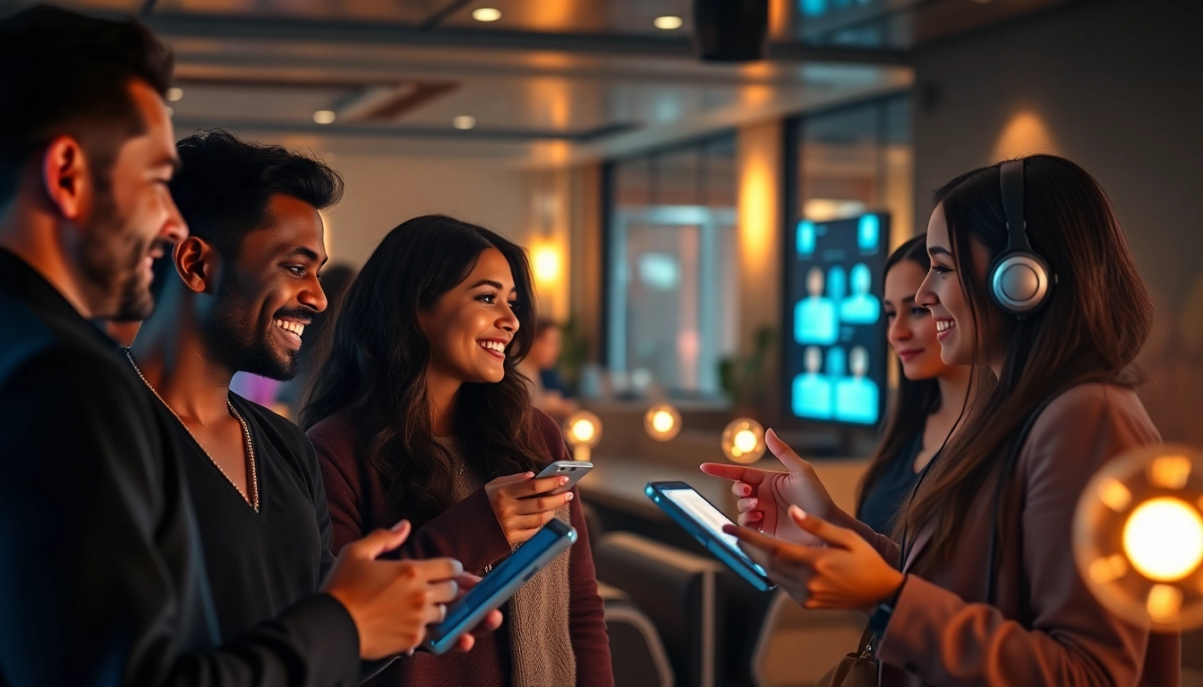 Adults engaging with 18+ AI companions in a modern lounge, showcasing innovation and social interaction.