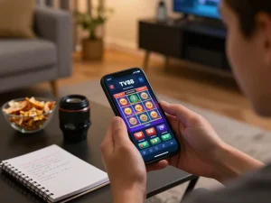 Engaging hands-on gaming experience with TV88 app on smartphone in cozy living room setting.