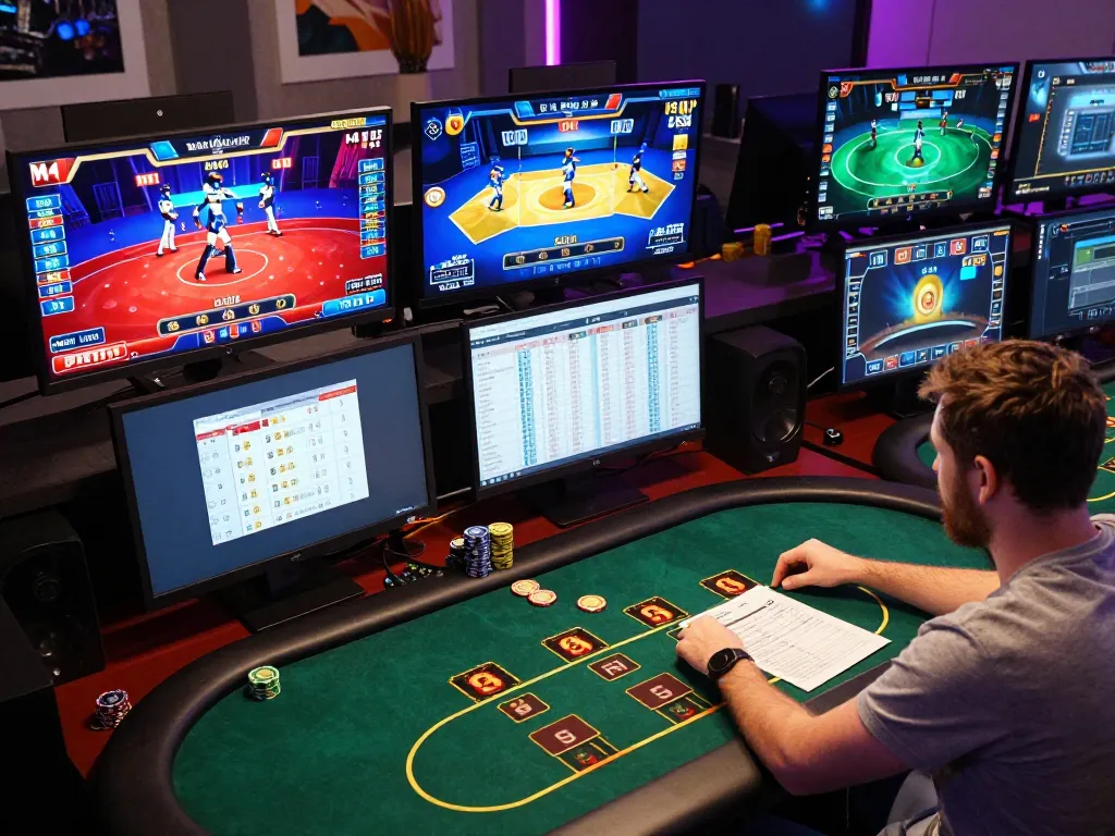 56WIN online casino setup with live dealer games, featuring multi-screens and strategic betting.
